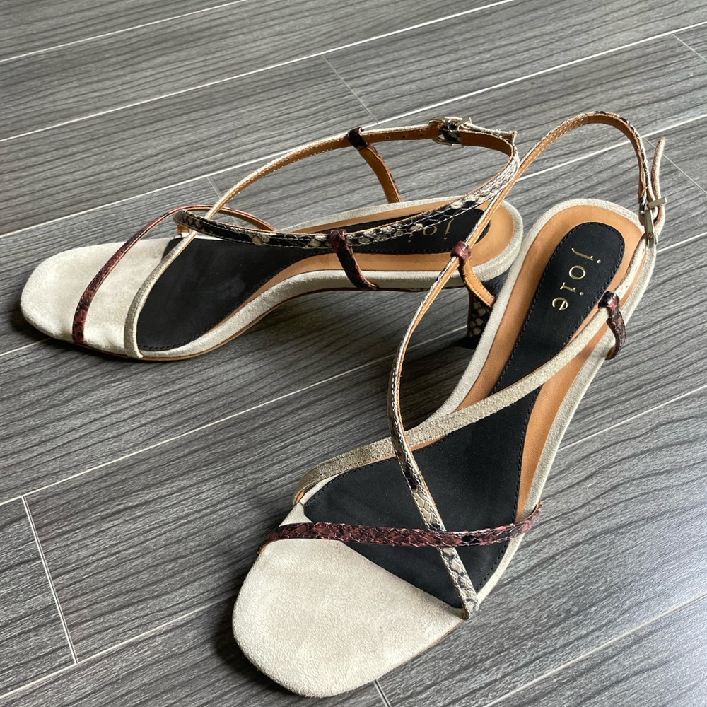 Strappy Joie “Malou” sandals, ivory suede & embossed, snakeskin leather, size 37